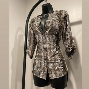 Size S Snake Skin Print Button Down Blouse with Brass Zipper Detailing
